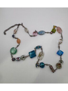Premier Designs Murano Lampwork Glass Bead Necklace Silver Tone 31” Colorful